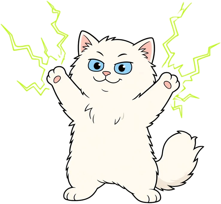 Cartoon white fluffy kitten with paws raised, shooting yellow lightning